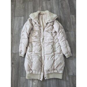 Beige Puffer Ruched Down Jacket With Fur Collar. Sz Small. Slight Discoloration